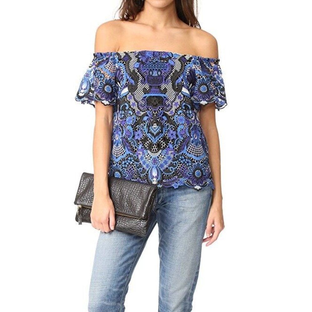 Alice + Olivia Maxie Embroidered Lace Top Blue Purple